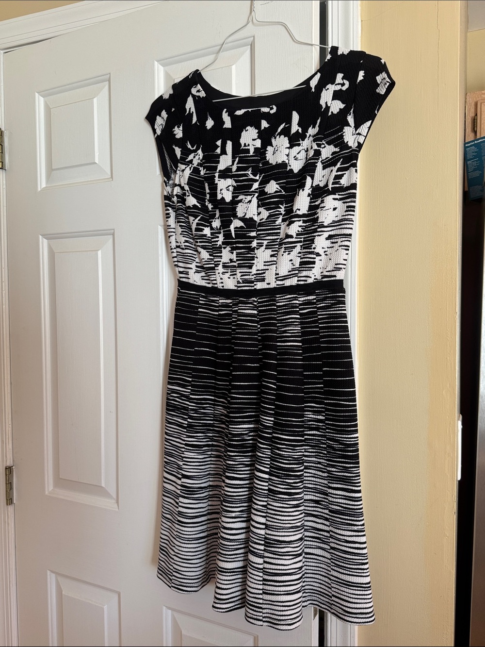 Elle Black & White Floral Stripe Fit-and-Flare Dress
